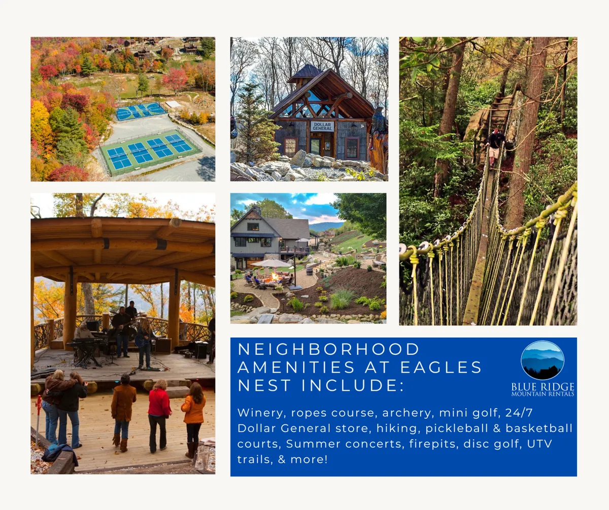A lively outdoor scene featuring amenities such as a ropes course, mini golf, concert stage, and scenic trails. Groups of people enjoy various activities, evoking the dynamic, adventure-filled essence of the resort’s communal spaces.
